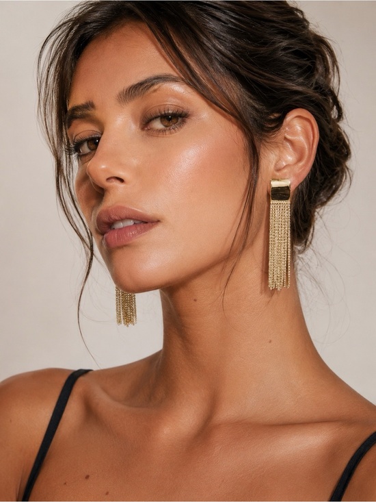 Hand Crafted Jewelry - Glamour Rhinestone Fringed Gold Statement Earrings